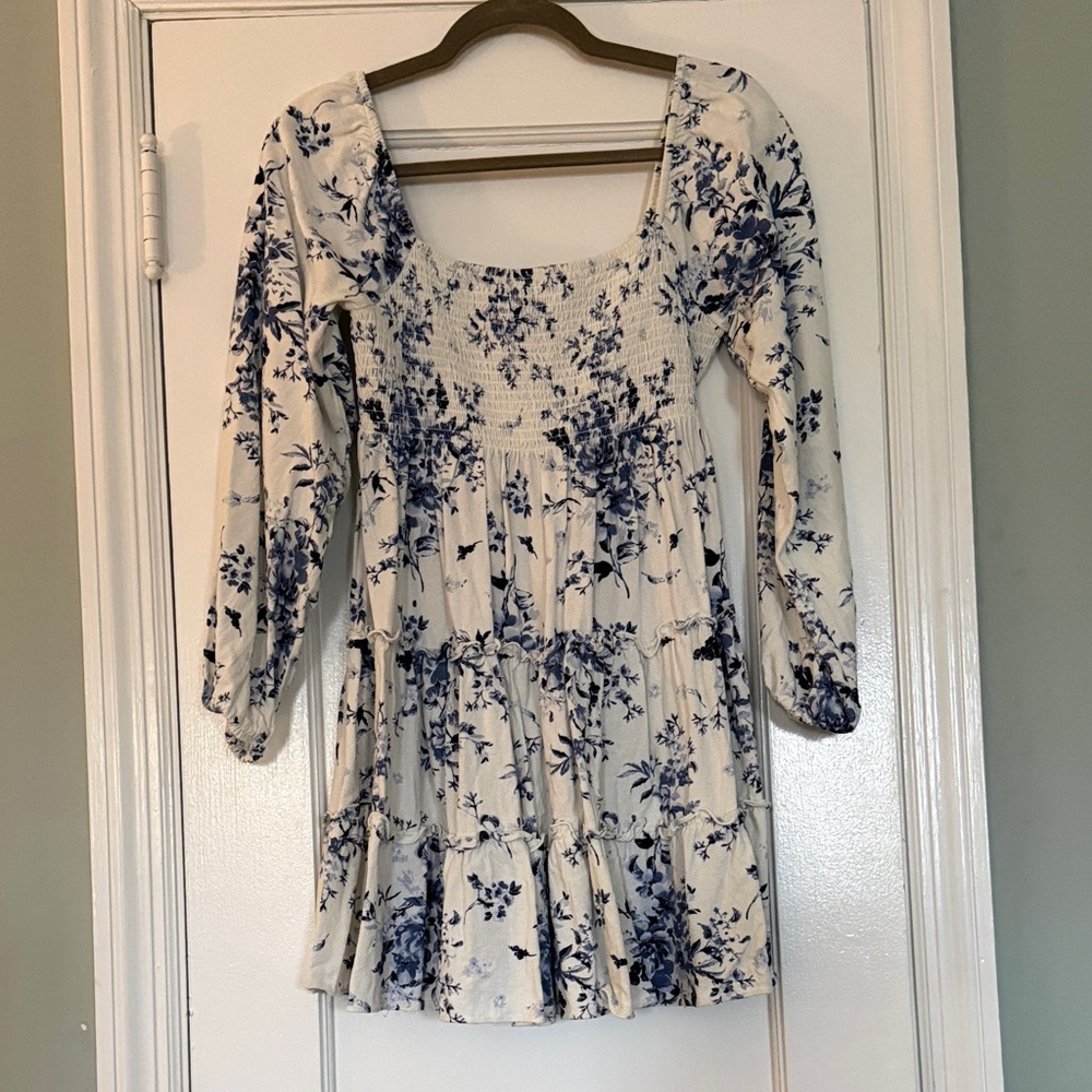Altar’d State Smocked Square-Neck Floral Mini Dress in Cream and Blue